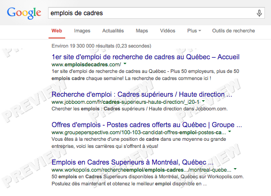 Positionnement Google AdWords des meilleurs sites d'emploi de cadres